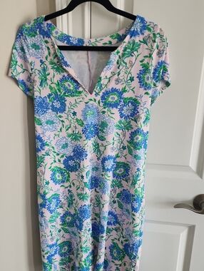 Floral V-Neck Shift Dress in Blue & Green